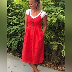 Good Luck Gem button front sleeveless midi dress, red, medium